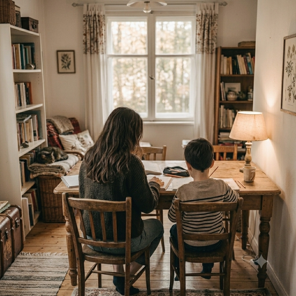 A mom and child learning together at home